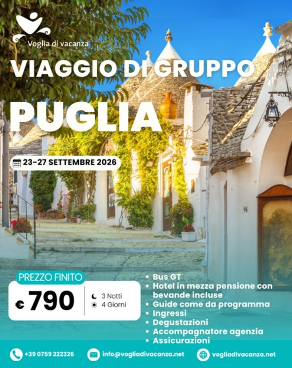 Viaggio di Gruppo Puglia dal 23-27 settembre 2026